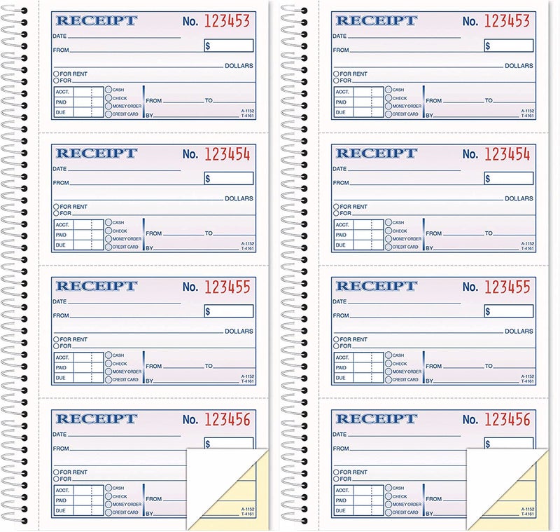 Money/Rent Receipt Book, 2-Part, Carbonless, 11 x 5.25 Inches, 4 Receipts/Page, 200 Sets per Book (4161), White Pack of 2
